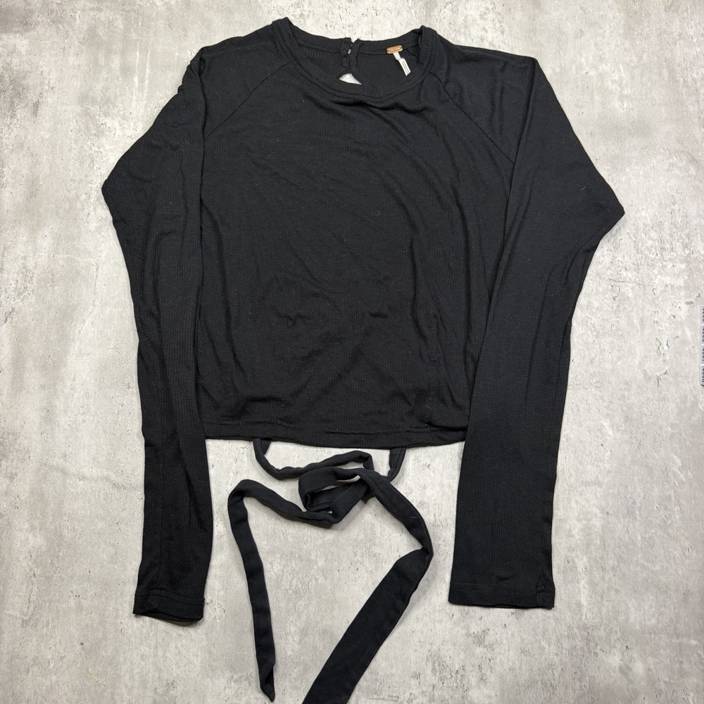 Free People Black Ribbed Long Sleeve Open Back Tie Hem Top Size L Sweater